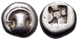 BOEOTIA. Thebes. Circa 480-460 BC. Hemidrachm (Silver, 11 mm, 2.77 g). Boeotian shield. Rev. Incuse square with clockwise mill-sail pattern, with arch...