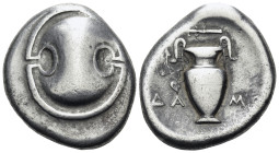 BOEOTIA. Thebes. Circa 395-338 BC. Stater (Silver, 24 mm, 11.83 g, 5 h), struck under the magistrate Damo..., circa 390-382 BC. Boeotian shield. Rev. ...