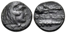 BOEOTIA. Thebes. Circa 315-288 BC. (Bronze, 12 mm, 1.53 g, 11 h). Head of youthful Herakles to right, wearing lion's skin headdress. Rev. ΘΗΒΑΙΩΝ Thyr...