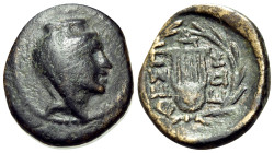 BOEOTIA. Thespiai. Circa 210 BC. (Bronze, 18 mm, 3.48 g, 12 h). Female head ( Arsinoe III ) to right, wearing modius and veil. Rev. ΘEΣΠI/EΩN Lyre; ab...