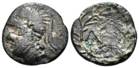 BOEOTIA. Lebadeia. 2nd century BC. (Bronze, 14 mm, 1.99 g, 12 h). Head of Athena to left, wearing a crested Corinthian helmet. Rev. Λ-Ε within an oliv...