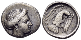 EUBOIA. Chalkis. Circa 290-273/1 BC. Drachm (Silver, 17 mm, 3.32 g, 10 h). Head of the nymph Chalkis to right. Rev. XAΛ Eagle flying upwards with spre...