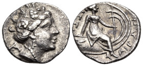 EUBOIA. Histiaia. 3rd-2nd centuries BC. Tetrobol (Silver, 14 mm, 1.86 g, 12 h). Vine-wreathed head of nymph Histiaia to right, wearing pendant earring...