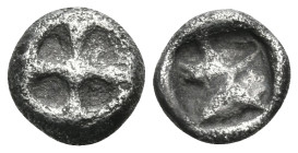 ATTICA. Athens. Circa 515-510 BC. Hemiobol (Silver, 7 mm, 0.32 g), "Wappenmünzen" type. Four spoked wheel. Rev. Quadripartite incuse square. HGC 4, 16...