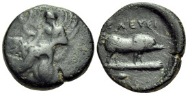 ATTICA. Athens. Circa 350-330 BC. Dichalkon (Bronze, 17 mm, 3.91 g, 3 h). Triptolemos seated in winged chariot drawn by two snakes, to left, holding w...