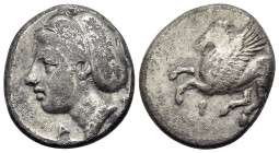 CORINTHIA. Corinth. Circa 350-300 BC. Drachm (Silver, 14 mm, 2.61 g, 12 h). Ϙ Pegasos flying left. Rev. Head of Aphrodite to left, wearing sakkos; acr...