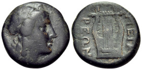 MEGARIS. Megara. late 3rd-early 2nd century BC. (Bronze, 20 mm, 7.31 g, 1 h). Laureate head of Apollo to right. Rev. ΜΕΓΑ-ΡΕΩΝ Kithara with seven stri...