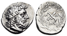 ACHAIA, Achaian League. Messene. Circa 175-168 BC. Tetrobol (Silver, 15 mm, 2.39 g, 11 h). Laureate head of Zeus to right. Rev. Monogram of the Achaia...