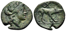 ARGOLIS. Argos. 146-95/85 BC. Dichalkon (Bronze, 25.5 mm, 1.92 g, 10 h). Laureate head of Apollo to right. Rev. Wolf standing at bay to right; monogra...