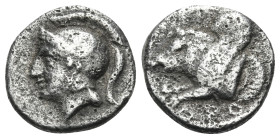 MYSIA. Kisthene. Orontes, as satrap of Mysia, circa 357-352 BC. Diobol (Silver, 10.5 mm, 1.20 g, 6 h). Head of Athena to left, wearing crested helmet....