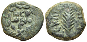 JUDAEA, Procurators. Porcius Festus, 59-62 CE. Prutah (Bronze, 16 mm, 2.58 g, 9 h), Struck under Nero, Jerusalem, year E (5) = 59. ΝEΡ/ⲰΝΟ/C in three ...