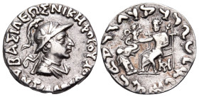 BAKTRIA, Indo-Greek Kingdom. Antialkidas Nikephoros, circa 130-120 BC. Drachm (Silver, 16 mm, 2.38 g, 1 h). ΒΑΣΙΛΕΩΣ ΝΙΚΗΦΟΡΟΥ ΑΝΤΙΑΛΚΙΔΟΥ Diademed, d...