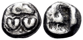 KYRENAICA. Barke. Circa 510-475 BC. Hemidrachm (Silver, 10 mm, 1.77 g). Two silphium fruits, side by side, with two pellets between them; above, ram's...