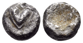 KYRENAIKA. Kyrene. Circa 525-500 BC. Hemiobol (Silver, 6 mm, 0.29 g, 12 h). Silphium fruit. Rev. Rough incuse square. Cf. BMC 9 (divided incuse). Cf. ...