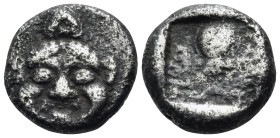 KYRENAICA. Kyrene. Circa 525-480 BC. Hemidrachm (Silver, 11 mm, 1.86 g, 12 h). Facing gorgonion with open mouth and protruding tongue; above, silphium...
