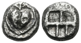 KYRENAIKA. Kyrene. Circa 500-480 BC. Hemidrachm (Silver, 10 mm, 1.84 g, 12 h). Silphium fruit. Rev. Incuse square divided into five compartments. Cf. ...