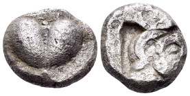 KYRENAIKA. Kyrene. Circa 500-480 BC. Hemidrachm (Silver, 10 mm, 1.85 g, 3 h). Silphium fruit. Rev. Head of Zeus Ammon to right, with ram's horn; all w...