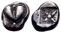 KYRENAIKA. Kyrene. Circa 500-480 BC. Obol (Silver, 8 mm, 0.83 g). Silphium fruit. Rev. Stellate pattern within incuse square. Cf. BMC 33. SNG Copenhag...