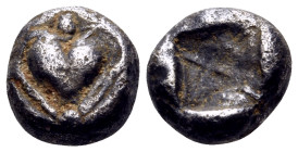 KYRENAIKA. Kyrene. Circa 500-480 BC. Obol (Silver, 8 mm, 0.87 g). Silphium fruit. Rev. Quadripartite incuse square divided diagonally. BMC 8a. Buttrey...