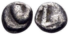 KYRENAIKA. Kyrene. Circa 500-480 BC. Obol (Silver, 7 mm, 0.77 g). Silphium fruit. Rev. Quadripartite incuse square. Cf. BMC 9 (hemiobol). SNG Copenhag...