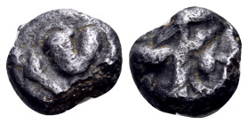 KYRENAIKA. Kyrene. Circa 500-480 BC. Hemiobol (Silver, 6 mm, 0.27 g). Silphium fruit. Rev. Quadripartite incuse square. BMC 9. SNG Copenhagen -. Rare ...