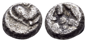 KYRENAIKA. Kyrene. Circa 500-480 BC. Hemiobol (Silver, 5.5 mm, 0.40 g, 1 h). Silphium fruit. Rev. Three lotus buds with a central pellet and a pellet ...