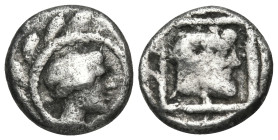 KYRENAIKA. Kyrene. Circa 480-435 BC. Trihemiobol (Silver, 9 mm, 0.82 g, 12 h). Head of the nymph Kyrene to right within olive wreath. Rev. Bearded hea...