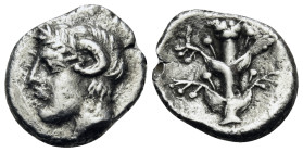KYRENAIKA. Kyrene. Circa 435-331 BC. Diobol (Silver, 13 mm, 1.42 g, 1 h). Laureate head of Apollo Karneios to left, with ram's horn at temple. Rev. Si...