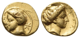 KYRENAIKA. Kyrene. Circa 331-322 BC. Obol (Gold, 8 mm, 0.85 g, 3 h). [KYP] Head of Apollo Karneios to left, with ram's horn over his ear; to right, st...