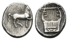 KYRENAIKA. Kyrene. Magas, Ptolemaic governor, circa 304-276 BC. Obol (Silver, 8.5 mm, 0.48 g, 6 h). Horse advancing to right; star above. Rev. Kithara...