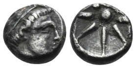 KYRENAIKA. Kyrene. Magas, Ptolemaic governor, circa 304-276 BC. Obol (Silver, 6 mm, 0.41 g). Youthful male head to right, wearing tainia. Rev. Star wi...