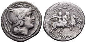 Anonymous, circa 211 BC and later. Quinarius (Silver, 16 mm, 1.95 g, 10 h), Rome. Helmeted head of Roma to right; behind, V (mark of value). Rev. ROMA...