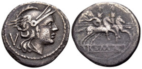 Anonymous, circa 211 BC and later. Quinarius (Silver, 16 mm, 2.10 g, 12 h), Rome. Helmeted head of Roma to right; behind, V (mark of value). Rev. ROMA...