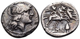 Anonymous, 211-210 BC. Quinarius (Silver, 14 mm, 2.00 g, 9 h), mint in Southeast Italy. Helmeted head of Roma to right; behind, V ( mark of value ). R...