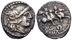 Anonymous, 211-210 BC. Quinarius (Silver, 16 mm, 1.59 g, 12 h), Mint in Apulia. Head of Roma to right, wearing winged Phrygian helmet; behind, V (mark...