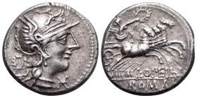 L. Opimius, 131 BC. Denarius (Silver, 17 mm, 3.93 g, 8 h), Rome. Helmeted head of Roma to right; wreath behind, mark of value below chin. Rev. L · OPE...