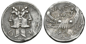 C. Fonteius, 114-113 BC. Denarius (Silver, 20 mm, 4.05 g, 6 h), Rome. Laureate, janiform head of the Dioscuri; in the lower field to left, G; to right...