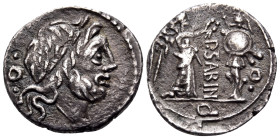 P. Sabinus, 99 BC. Quinarius (Silver, 15 mm, 1.66 g, 3 h), Rome. Laureate head of Jupiter to right; behind, ·/O/·. Rev. P SABIN Victory to right, crow...