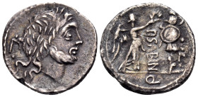 P. Sabinus, 99 BC. Quinarius (Silver, 15 mm, 1.65 g, 9 h), Rome. Laureate head of Jupiter to right; behind, P. Rev. P.SABINVS Victory standing to righ...