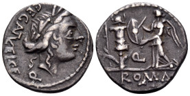 C. Egnatuleius C.f, 97 BC. Quinarius (Silver, 15 mm, 1.62 g, 7 h), Rome. C·EGN(AT) (VL)EI·C·F·Q Laureate head of Apollo to right. Rev. ROMA Victory st...