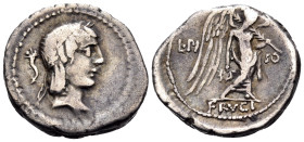 L. Calpurnius Piso Frugi, 90 BC. Quinarius (Silver, 15 mm, 2.18 g, 12 h), Rome. Laureate head of Apollo to right; behind, cornucopia. Rev. L·PI-SO / F...