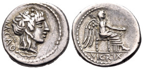 M. Porcius Cato, 89 BC. Quinarius (Silver, 14 mm, 2.09 g, 6 h), Rome. M·CATO Head of Liber to right, wearing wreath of ivy; below neck, bow. Rev. VICT...