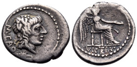 M. Porcius Cato, 89 BC. Quinarius (Silver, 15 mm, 2.06 g, 9 h), Rome. M·CATO Head of Liber to right, wearing wreath of ivy; below neck, scorpion to le...