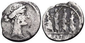 Q. Servilius Caepio (M. Junius) Brutus, 54 BC. Denarius (Silver, 20.5 mm, 3.09 g, 3 h), Rome. Head of Libertas to right. Rev. BRVTVS The consul Marcus...