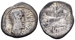 The Republicans. Cn. Domitius L.f. Ahenobarbus, 41 BC. Denarius (Silver, 19 mm, 2.91 g, 11 h), Uncertain military mint moving with Ahenobarbus. AHENOB...