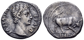 Augustus, 27 BC-AD 14. Denarius (Silver, 20 mm, 3.56 g, 6 h), Lugdunum, 15-13 BC. AVGVSTVS DIVI F Laureate head of Augustus to right. Rev. IMP X Bull ...