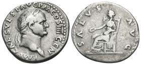 Vespasian, 69-79. Denarius (Silver, 19.5 mm, 3.23 g, 6 h), Rome, 73. IMP CAES VESP AVG P M COS IIII CEN Laureate head of Vespasian to right. Rev. SALV...