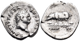 Vespasian, 69-79. Denarius (Silver, 20.5 mm, 3.21 g, 6 h), Rome, 77-78. T CAES VESPASIANVS Laureate head of Titus to right. Rev. IMP XIII Sow standing...