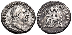 Vespasian, 69-79. Denarius (Silver, 17 mm, 3.18 g, 1 h), Rome, 71. IMP CAESAR VESPASIANVS AVG TR P Laureate head of Vespasian to right. Rev. [TIT]VS E...