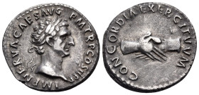 Nerva, 96-98. Denarius (Silver, 19 mm, 3.43 g, 7 h), Rome, 96. IMP NERVA CAES AVG P M TR P COS II P P Laureate head of Nerva to right. Rev. CONCORDIA ...